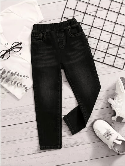 Boys' Black Denim Casual Pants with Large Pockets, All-Season