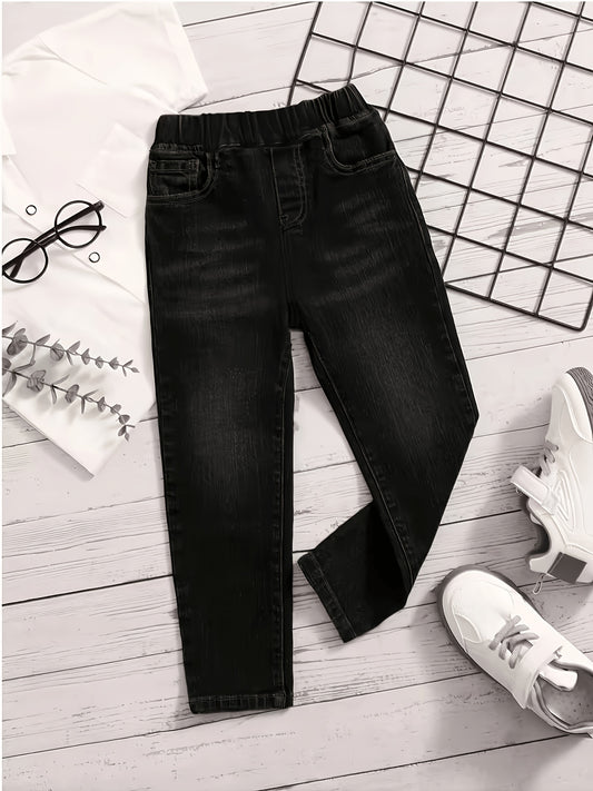 Boys' Black Denim Casual Pants with Large Pockets, All-Season
