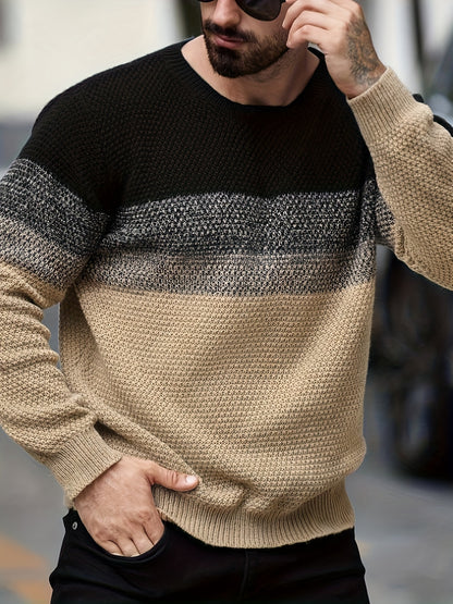 Men's Winter Gradient Color-Block Knit Sweater - Loose Fit Style Ombre Blending (Warm Round Neck Pullover) for Cold Weather, Casual & Smart-Casual Outfits - Opaque Loose-Fit Top