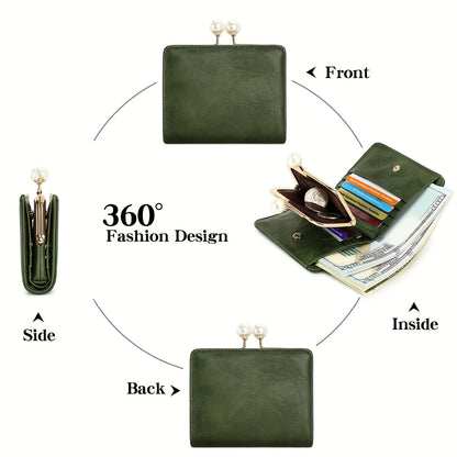 Women's Wallet Short Compact Three Layer LargeCapacity Retro Pearl Wallet High Quality PU Multi Card Seat/Coin ZeroWallet