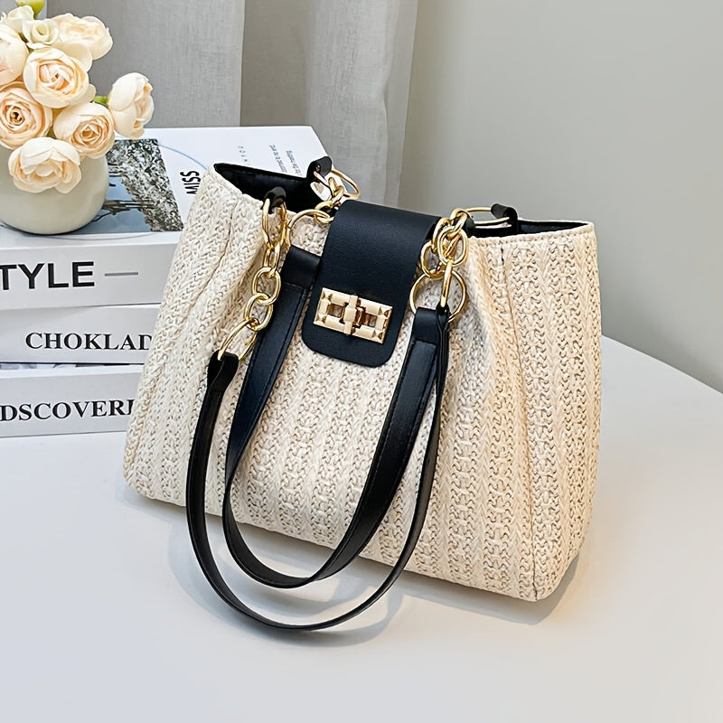 Large Capacity Women's Woven Shoulder Tote Bag for Beach