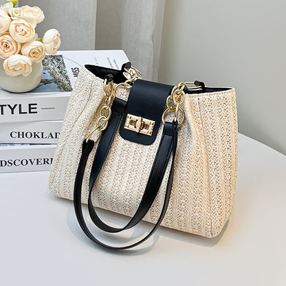 Large Capacity Women's Woven Shoulder Tote Bag for Beach