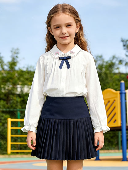 Girls' Preppy 2-Piece School Set with Lace Blouse & Pleated Skirt