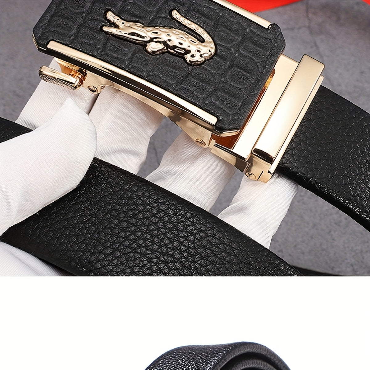Men's Luxury Belt with Automatic Buckle - Adjustable 120-130cm, Formal & Casual Dress Belt, Alloy Construction for Everyday & Special Occasions - Sophisticated Men's Accessory, Belt Accessories, Stylish Crocodile Texture, Tex
