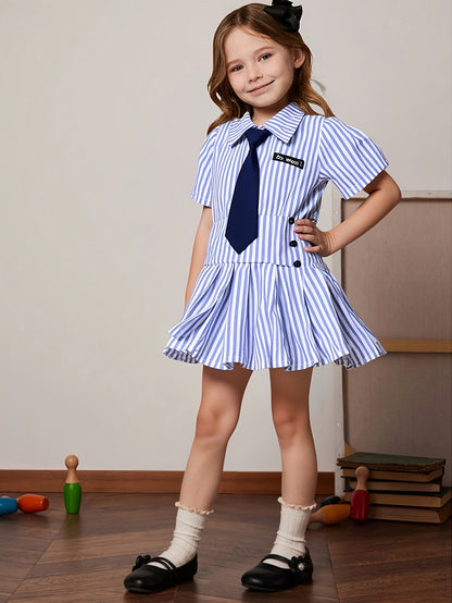 Girls' Summer Preppy Striped Shirt & Pleated Skirt Set