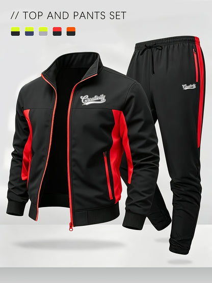 Men's Color Block Sportswear Set with Stand Collar Jacket & Pants