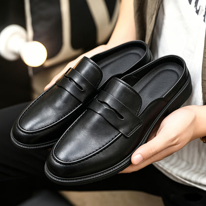 Men's Casual British-Style PU Slip-On Slippers with Round Toe