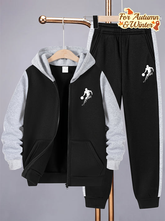 2pcs Boys' Casual Sportswear Set, Fashion Basketball Print Fleece-Lined Zip-Up Hoodie + Pants for Autumn and Winter, Suitable for Daily Wear and Outdoor Activities, Perfect for Outdoor