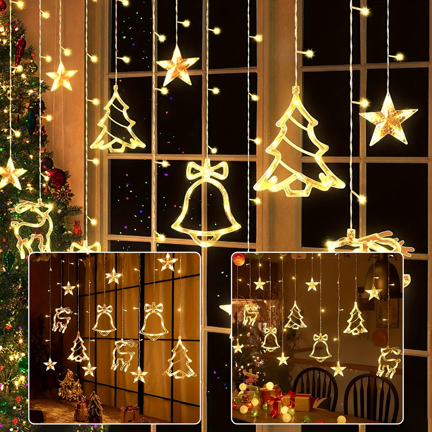 Christmas Decoration Icicle Curtain Lights, Window Wall Hanging String Light, USB Plug in Bell/Reindeer Fairy Lamp, Halloween/Ramadan Decor for Bedroom Living Room Backdrop Wedding Party Indoor Xmas Tree Dorm Fall Home Decor