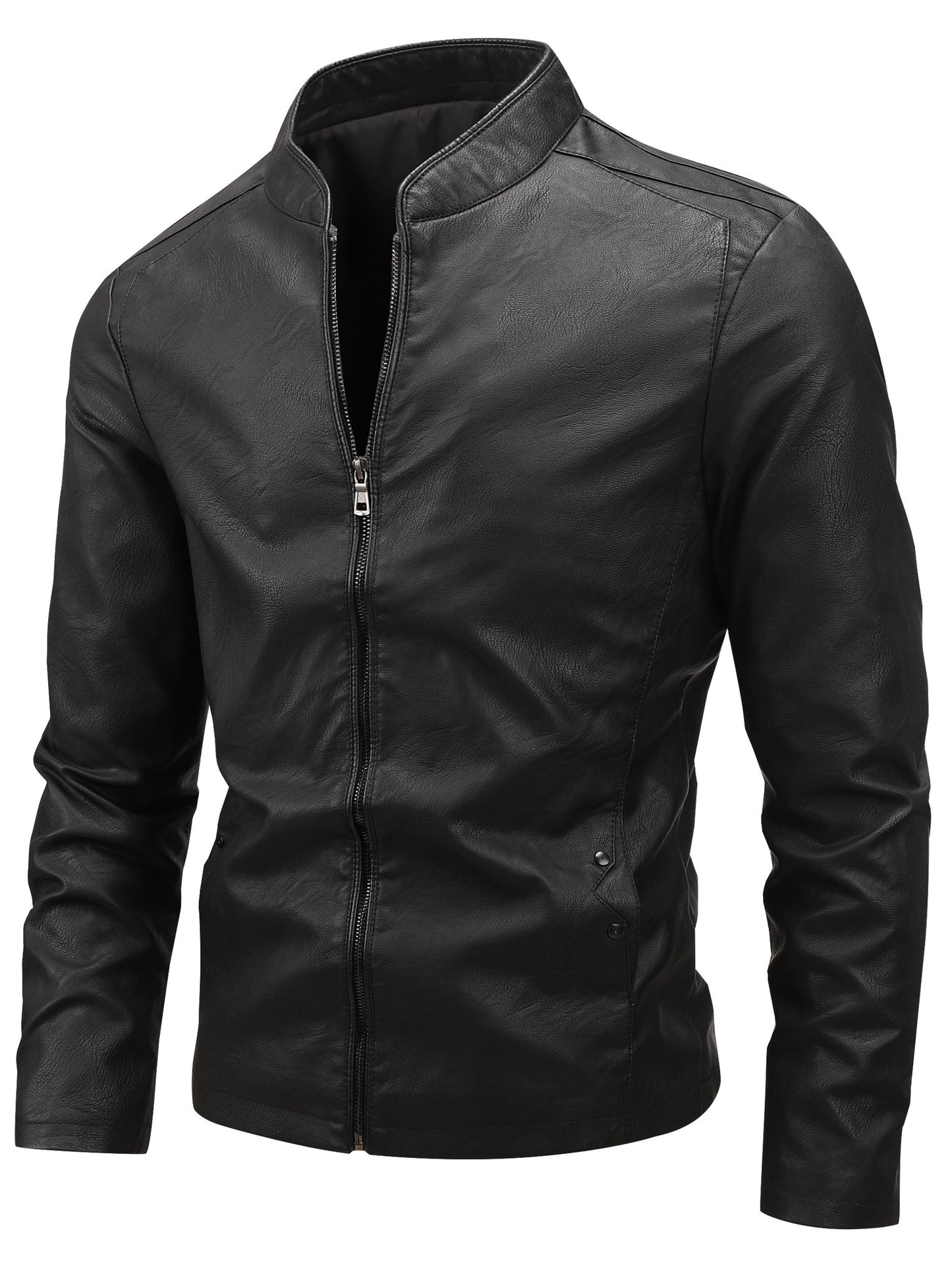 Men's Casual Baseball Collar PU Jacket with Zipper