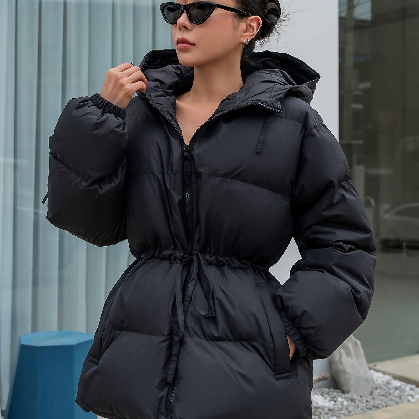Women's Elegant Winter Jacket with Hood - Full-Zip Front Closure, Loose-Fit Long Sleeve Coat, Black Outerwear for Cold Weather, Hand Washable & Structured Design (No Belt) - Casual to Professional Outer Layer