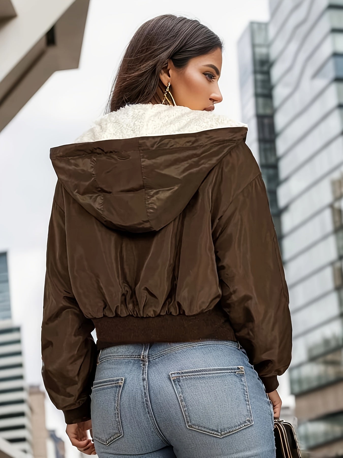 Women's Casual Reversible Jacket - Chic Brown Hooded Outerwear with Contrast Trim, Long Sleeves, and Ribbed Cuffs - Polyester, Machine Washable