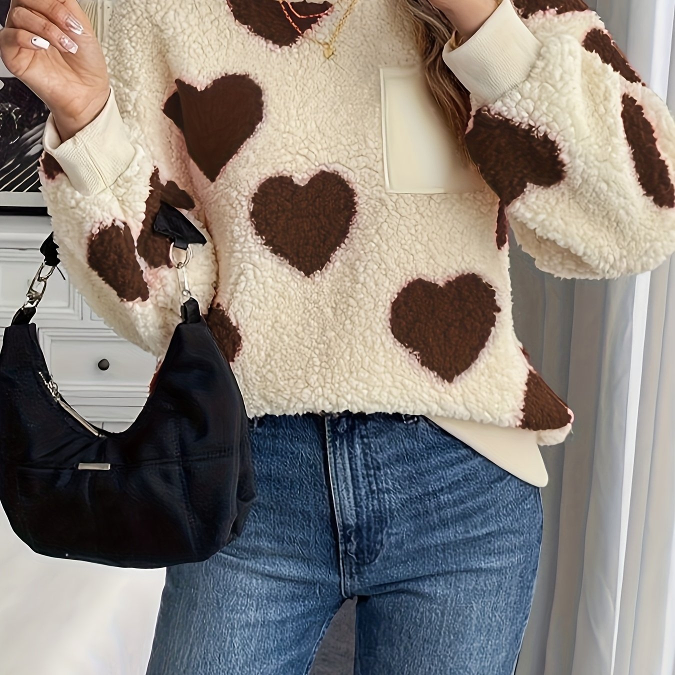 Women'S Plush Heart Sweater - Soft & Heart Pattern Sweater with Heart Cutouts, Cozy Winter Sweater for Fall & Winter