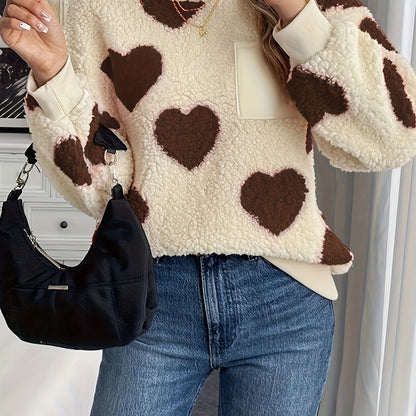 Women'S Plush Heart Sweater - Soft & Heart Pattern Sweater with Heart Cutouts, Cozy Winter Sweater for Fall & Winter