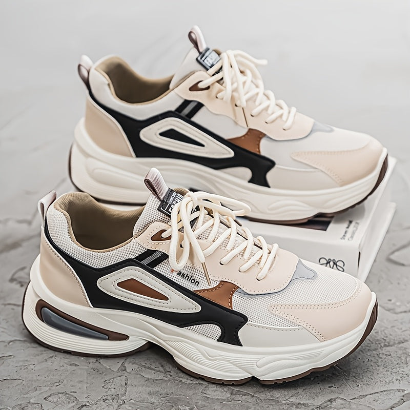 Men's Fashion Sneakers - White/Black/Brown PU Upper, Breathable Fabric Lining  Cushioned EVA Insole, Durable PVC Sole, Lace-Up Mid-Top Design for All-Season Casual  Daily Wear, High Top Sneakers, Versatile Footwear, Modern