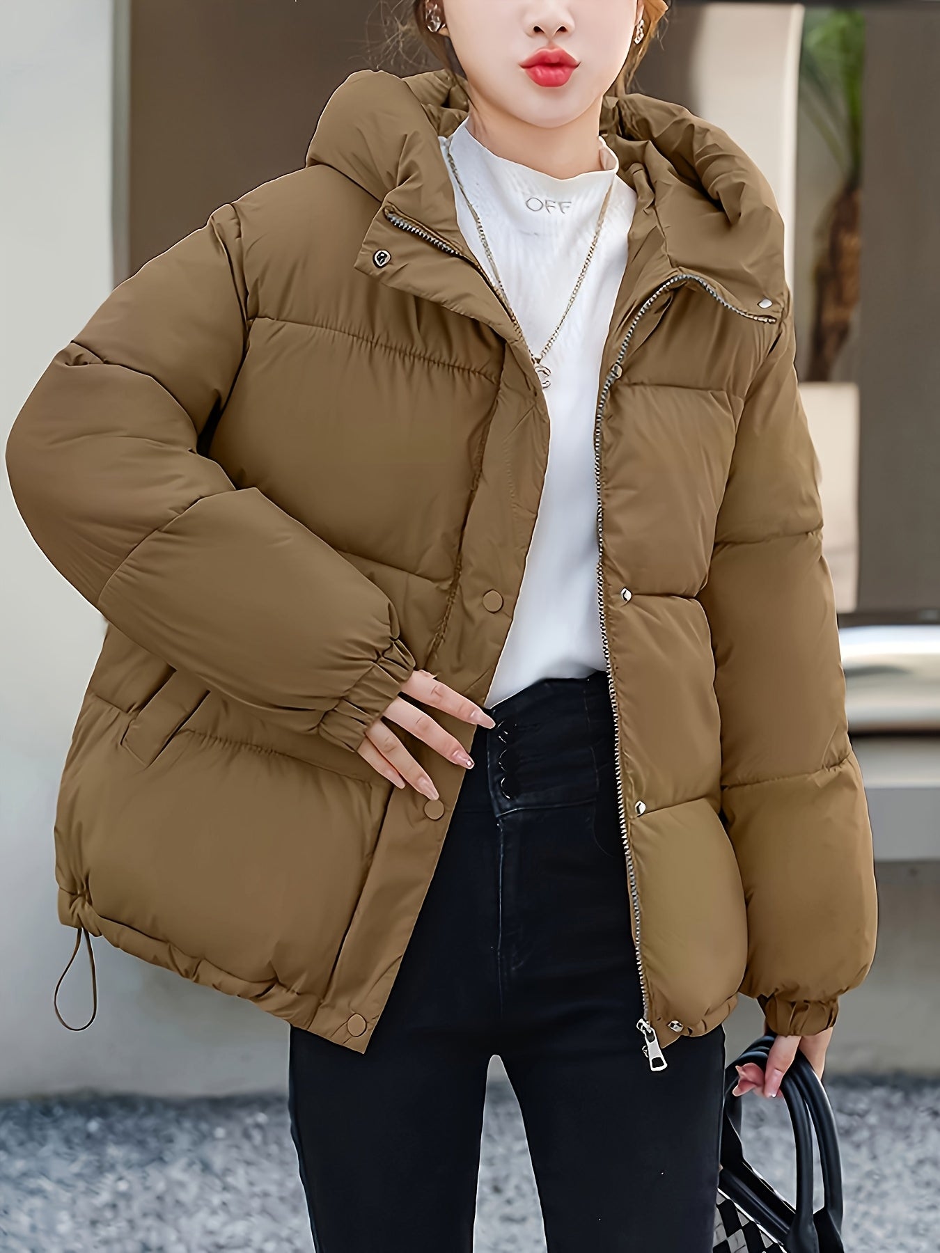 Women'S Stylish Winter Zip-Up Hooded Jacket - Casual Thickened Outerwear with Pockets, Long Sleeve, Non-Stretch Fabric, Solid Color, 100g/m², Perfect for Cold Weather, Winter Clothes