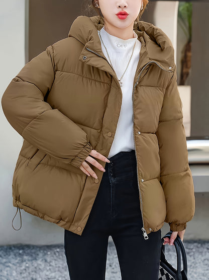 Women'S Stylish Winter Zip-Up Hooded Jacket - Casual Thickened Outerwear with Pockets, Long Sleeve, Non-Stretch Fabric, Solid Color, 100g/m², Perfect for Cold Weather, Winter Clothes