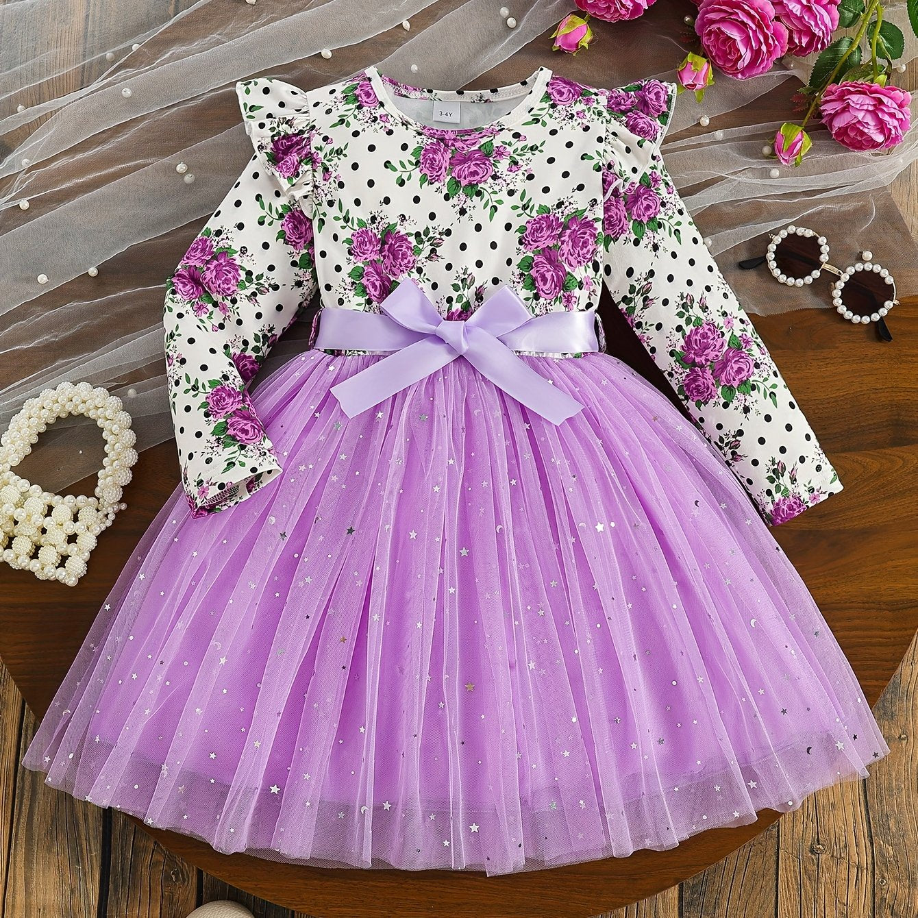 COVIVIKY Girls' Elegant Long Sleeve Party Dress with Puff Skirt & Sheer Panel - Knee-Length A-Line Wedding Prom Dress, Belted Waist Bow & Netting Trim, Hand Washable Winter Formal Gown for Girls (Age 4-12)