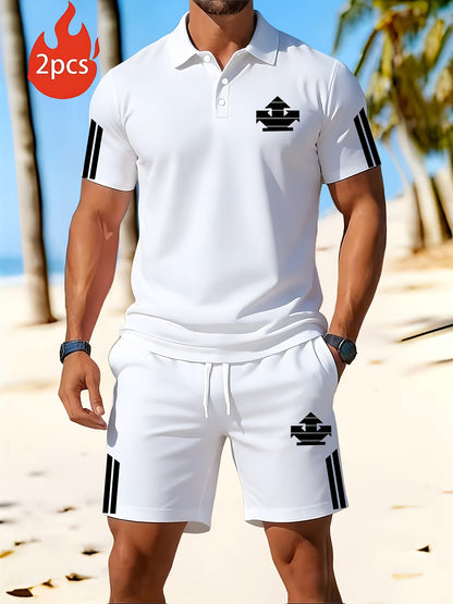 Men's Summer Polo Set with Print, Lightweight Casual Lapel Shirt & Sho