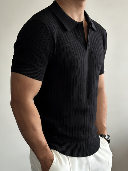 Men'S Summer Knitted Polo Shirt | Breathable Striped Design, Casual Lapel Collar, Short Sleeves, Three-Button Closure, Slim Fit, Ideal For Business Casual And Travel - ayq