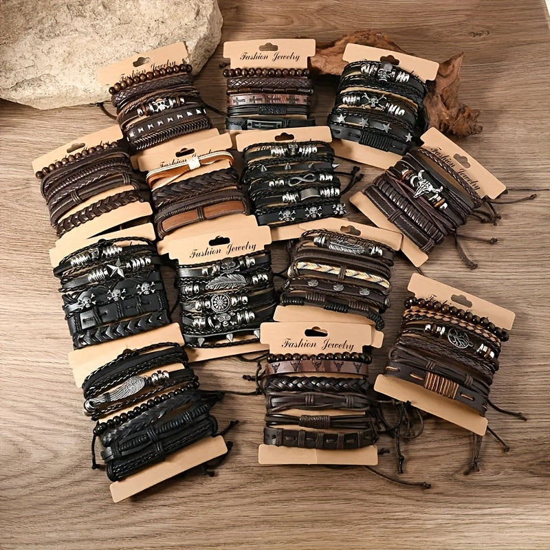 4/18/36pcs Vintage Fashion Faux Leather Bracelet Western Punk Style Beaded Wristband, Handwoven DIY Random Styles