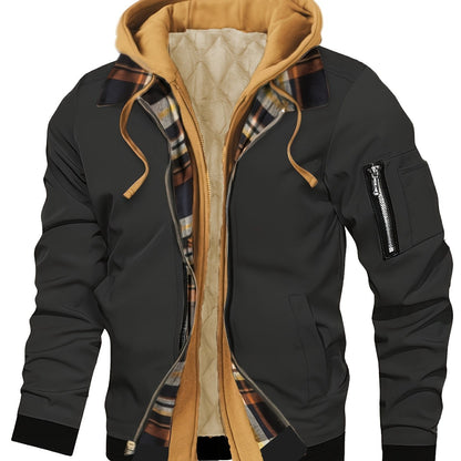 Men'S Warm Fleece-Lined Hooded Jacket with Plaid Details - Casual Winter Coat for Outdoor Activities, Zip-Up, Regular Fit, Polyester Lined, Functional Pockets, Windproof & Warm, Functional Winter Jacket | Stylish Men'S Jacket