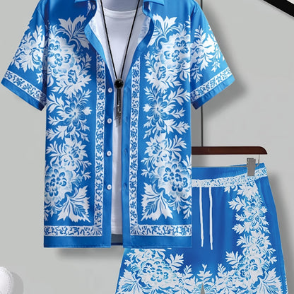 Men'S Two Sets of Floral Print Casual Button-Up + Drawstring Sports Shorts Two-Piece Hawaiian Beach Sports Styl