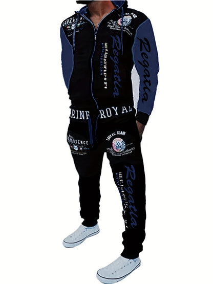 Men's Hooded Letter Print Tracksuit, 2pcs Casual Sports Set, Fashion Hoodie With Full-zip And Elastic-waist Pants, Regular Fit, Outdoor Cloth