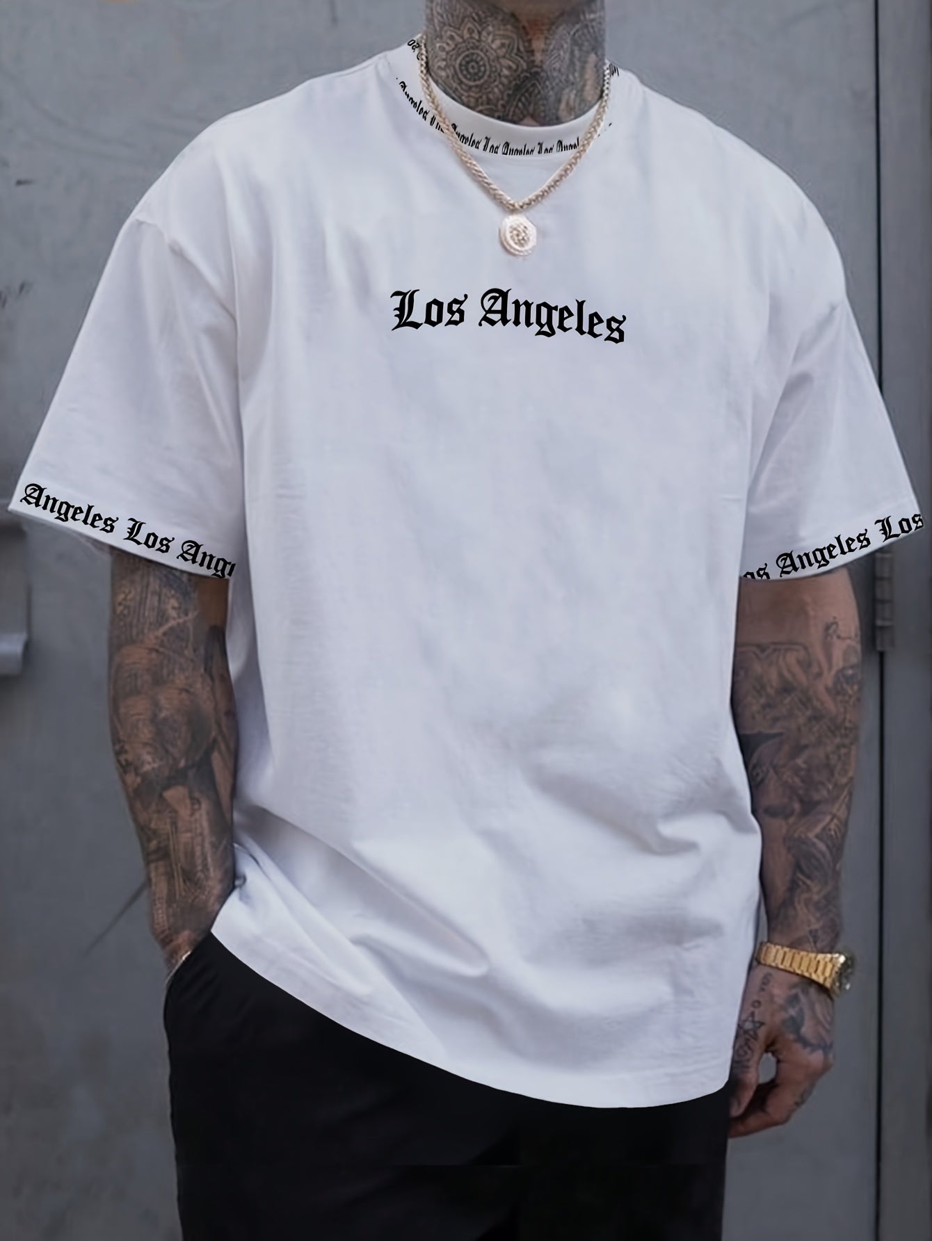 OBM Men's Casual Los Angeles Graphic Print T-Shirt - 100% Polyester Summer Short Sleeve Tee, Breathable Round Neck Regular Fit Machine Washable, Everyday Comfort, Bold Text Style, Smooth Texture