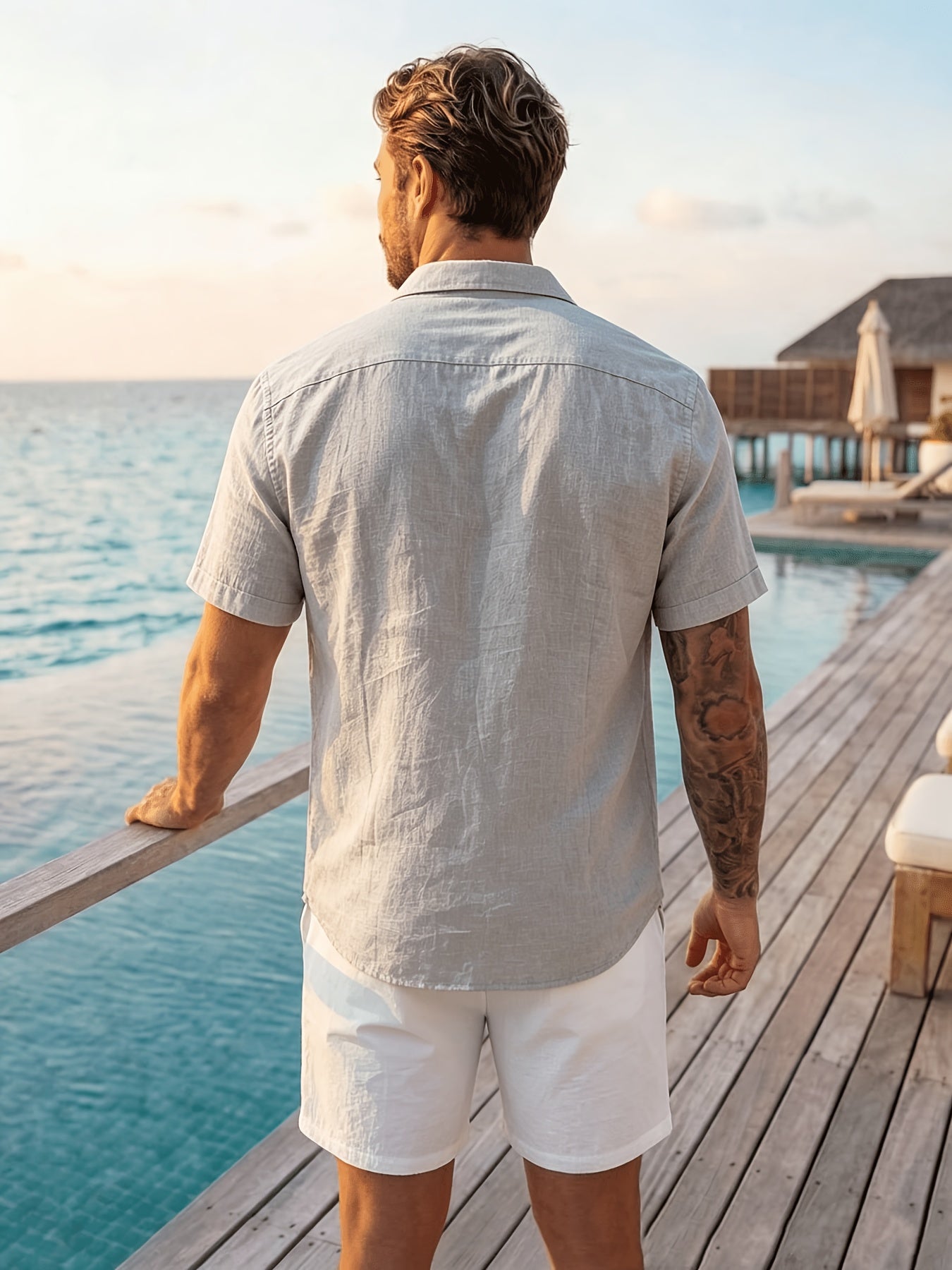 Men's Casual Button-Up Shirt, Cotton-Linen Blend, Short Sleeve