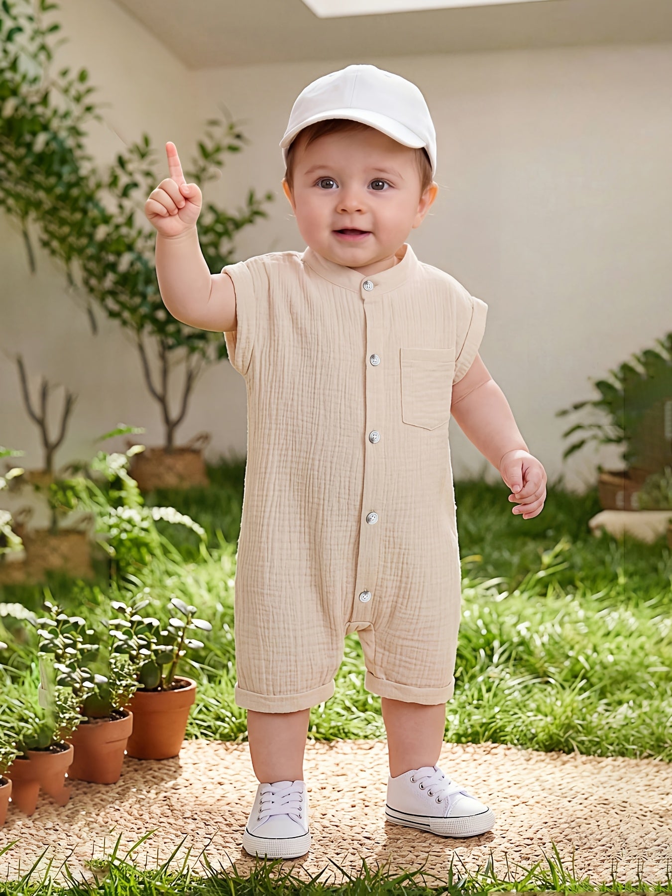 Baby Boys' Summer Cotton Onesie Romper in Bean Green