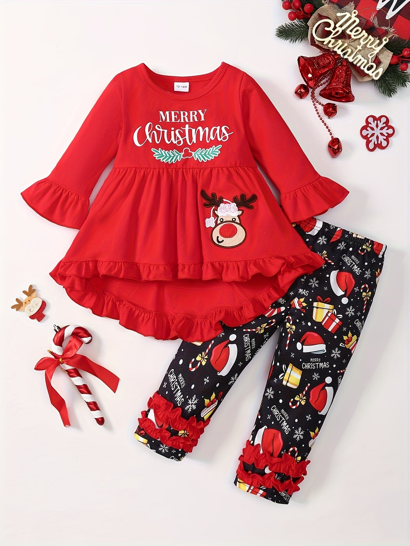 2pcs Elk Embroidered Long Sleeve Dresses + Christmas Hat Gift Box Random Full Print Side Pants Set Cute Party Outfit for Girls, for Outdoor