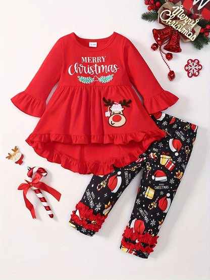 2pcs Elk Embroidered Long Sleeve Dresses + Christmas Hat Gift Box Random Full Print Side Pants Set Cute Party Outfit for Girls, for Outdoor