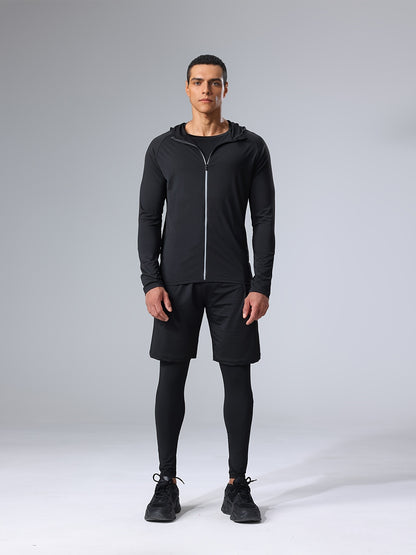 4pcs Athletic Sportswear Set, Polyester 95% Elastane 5% Knit Fabric, All-Season Crew Neck Hoodie, Skinny Fit Solid Color, Breathable Quick-Dry for Running, Fitness, Cycling & Outdoor Activities