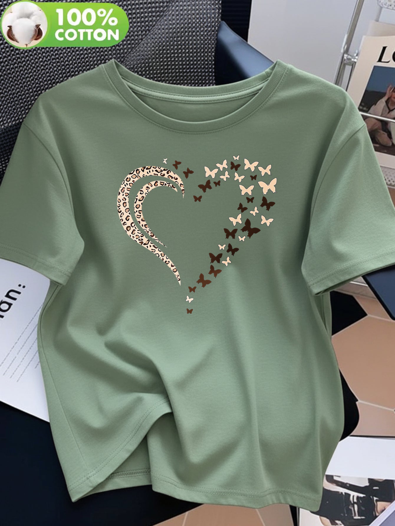 Women's Casual Cotton T-Shirt with Heart Butterfly Applique