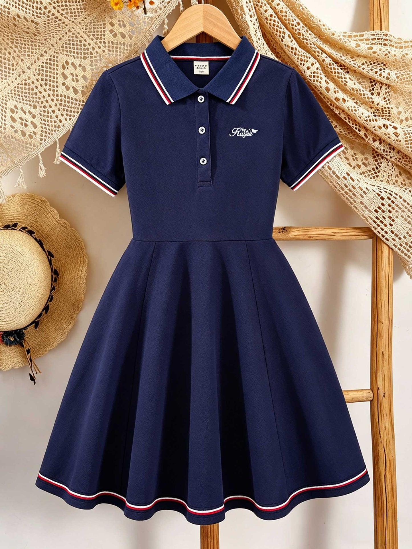 Girls' Casual Polo Dress with Embroidered Collar, Cotton Blend