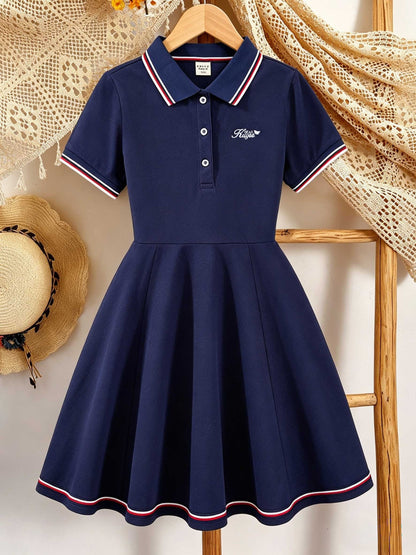 Girls' Casual Polo Dress with Embroidered Collar, Cotton Blend