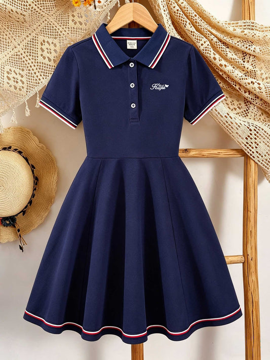 Girls' Casual Polo Dress with Embroidered Collar, Cotton Blend