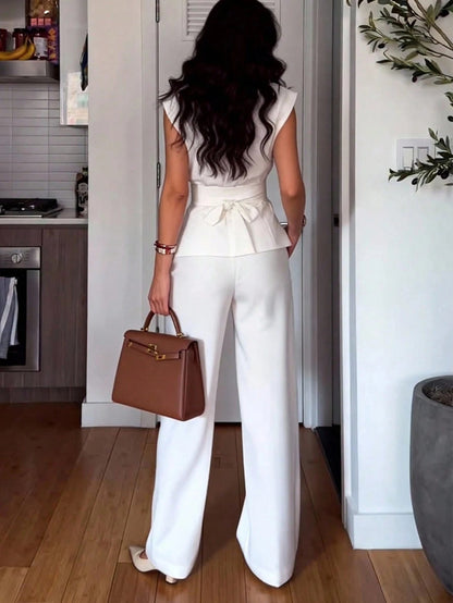 Women's Sleeveless Two-Piece Set with Bow Belt - Elegant Solid Color