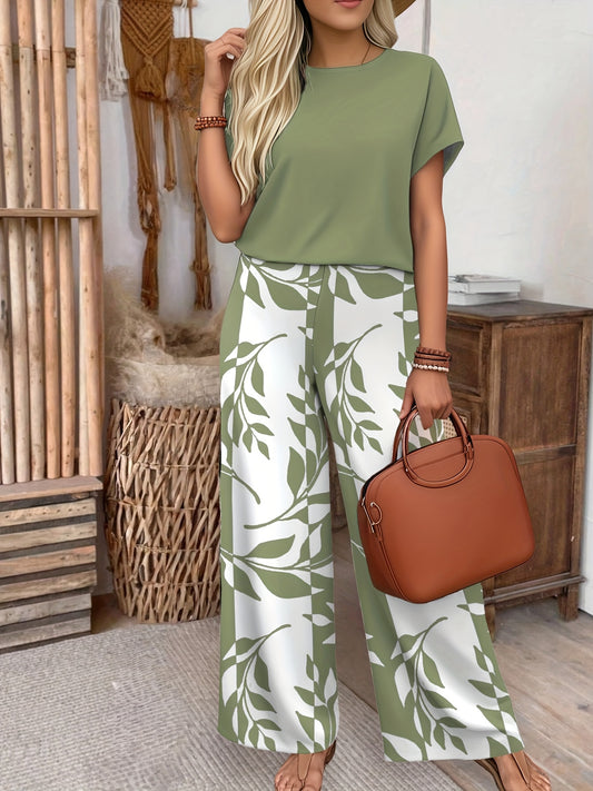 Women's Elegant 2-Piece Set: Bat Sleeve Tee & Wide-Leg Pants