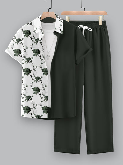 Men's Casual 2-Piece Set, Random Print Short Sleeve Shirt And Drawstring Pants, Regular Fit, Casual Beach Vacation Outfit