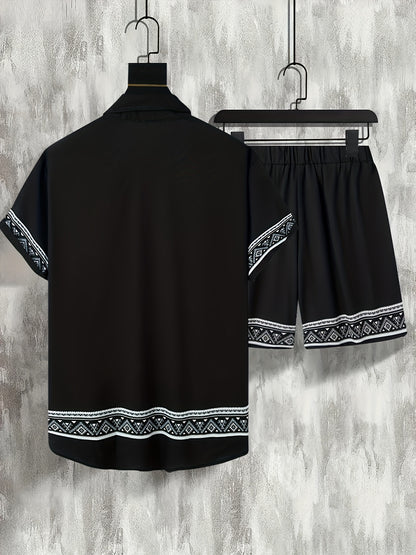 Men'S Two-Piece Set Consisting of a Casual Short-Sleeve Button-Up Shirt And Drawstring Pants, Perfect for Summer Wear.