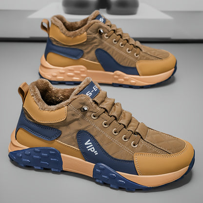 Men'S Stylish Color-Block Plush-Lined Winter Sneakers - Warm, High-Stability Running Shoes with Lace-Up Closure, Geometric & Solid Color Design, Synthetic & Fabric Upper, PVC Sole for Casual & Outdoor Activities, Winter Sneak