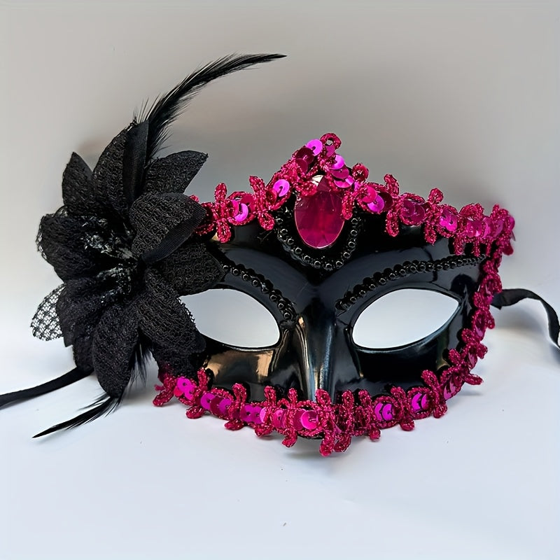 Elegant Venetian Masquerade Mask - Black & Red Feather & Jewel Decorated Party Mask for Halloween, Themed Dinners, Cosplay - Durable Plastic Design with Intricate Patterns, Halloween Costume Accessory, Themed Event Accessory,