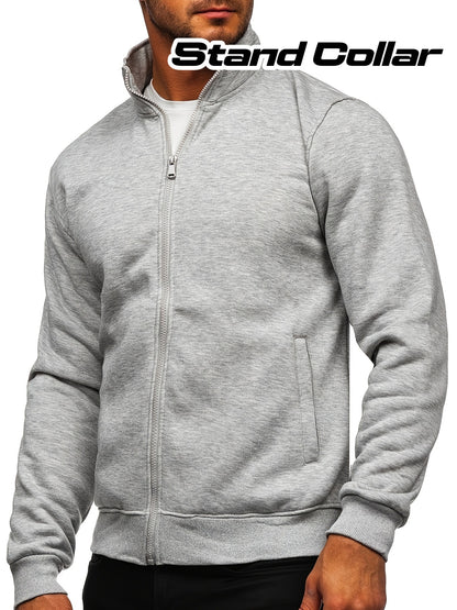 Men's Full-Zip Stand Collar Athletic Jacket - Soft Brushed Interior, Long Sleeve Casual Zippered Sweatshirt, Regular Fit Gym-to-Streetwear, Easy-Care (Hand Wash/Dry Clean) Solid Color Men's Outerwear