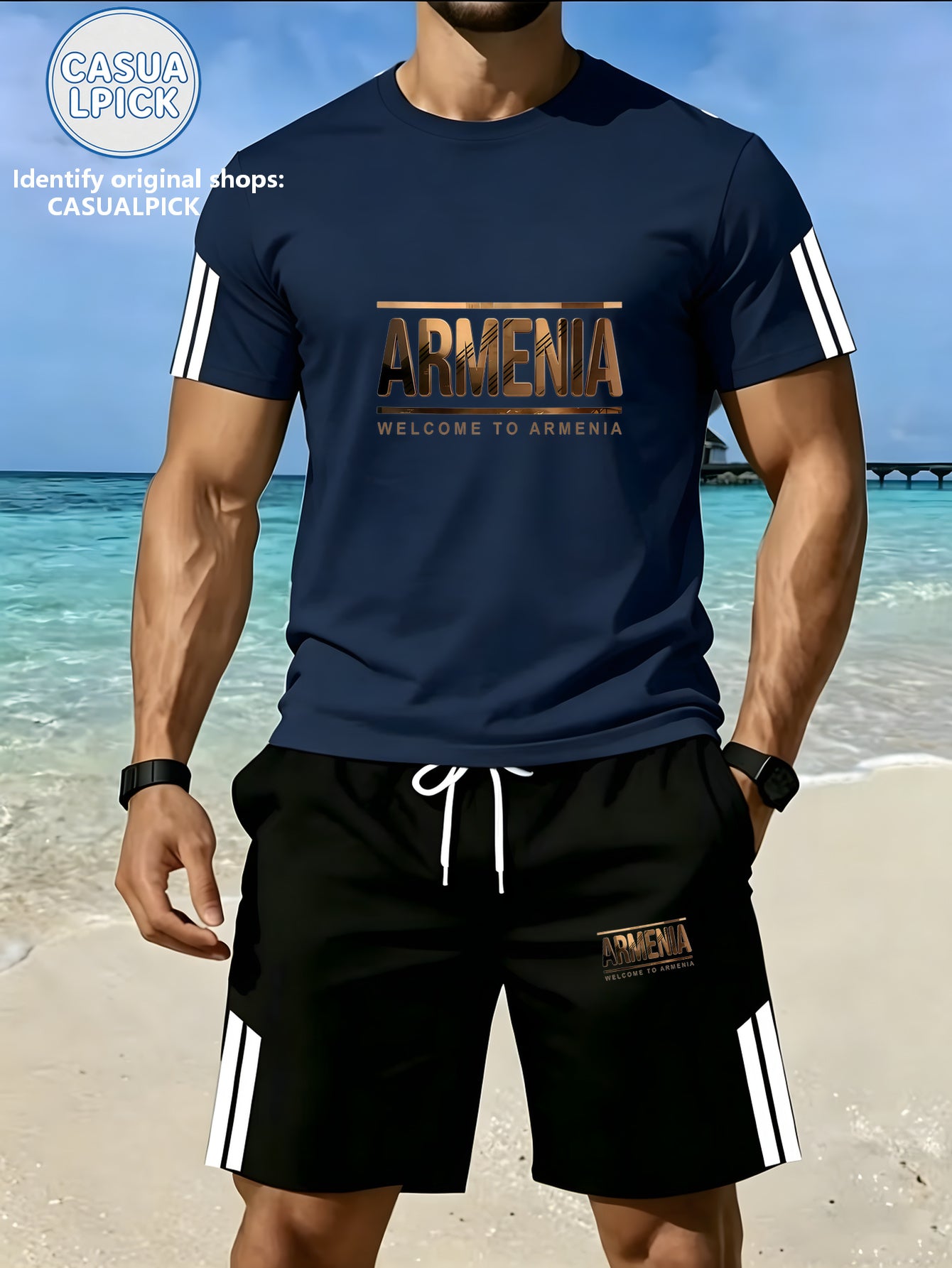 Men's Casual Short-Sleeve Top and Shorts Set with Print