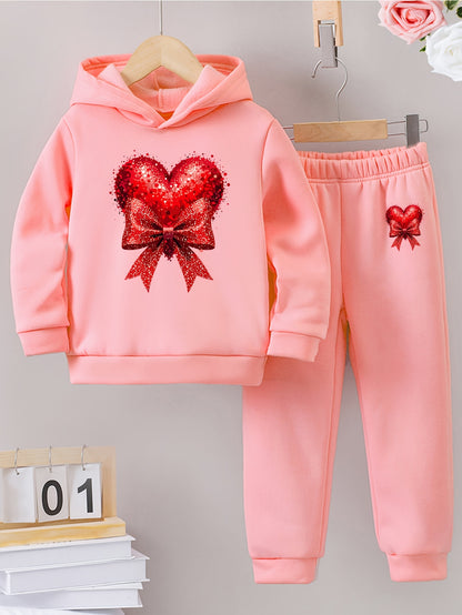 Girls' Autumn and Winter Thickened Hoodie Sports Two-Piece Set, Red Heart Bow Print Hoodie + Pants Outfit, Soft Light Beige-Friendly Fabric, Comfortable Warm Non-Shedding, Suitable for Outdoor Play, School, Holiday Gatherings