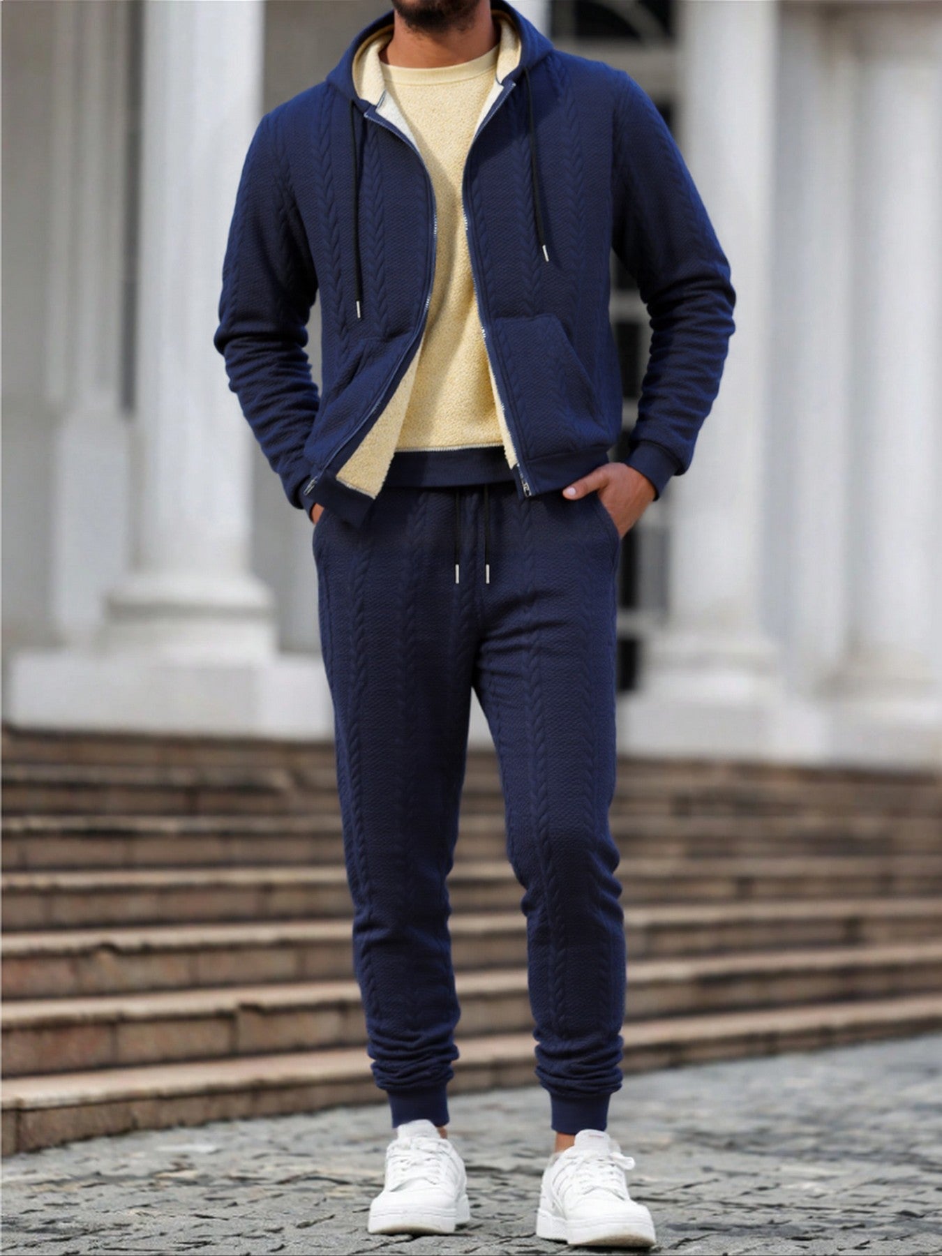 Men's Winter Fashion Two-Piece Set: Jacquard Hooded Cardigan with Lining & Long Pants – Ideal for Autumn and Winter, Winter Clothes For Men