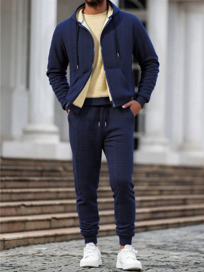 Men's Winter Fashion Two-Piece Set: Jacquard Hooded Cardigan with Lining & Long Pants – Ideal for Autumn and Winter, Winter Clothes For Men