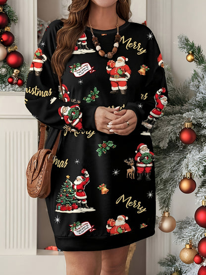 Plus Size, Fashionable and Elegant Autumn/Winter Simple Santa Claus Print Round Neck Sweatshirt for Plus Size Women - Comfortable and Versatile